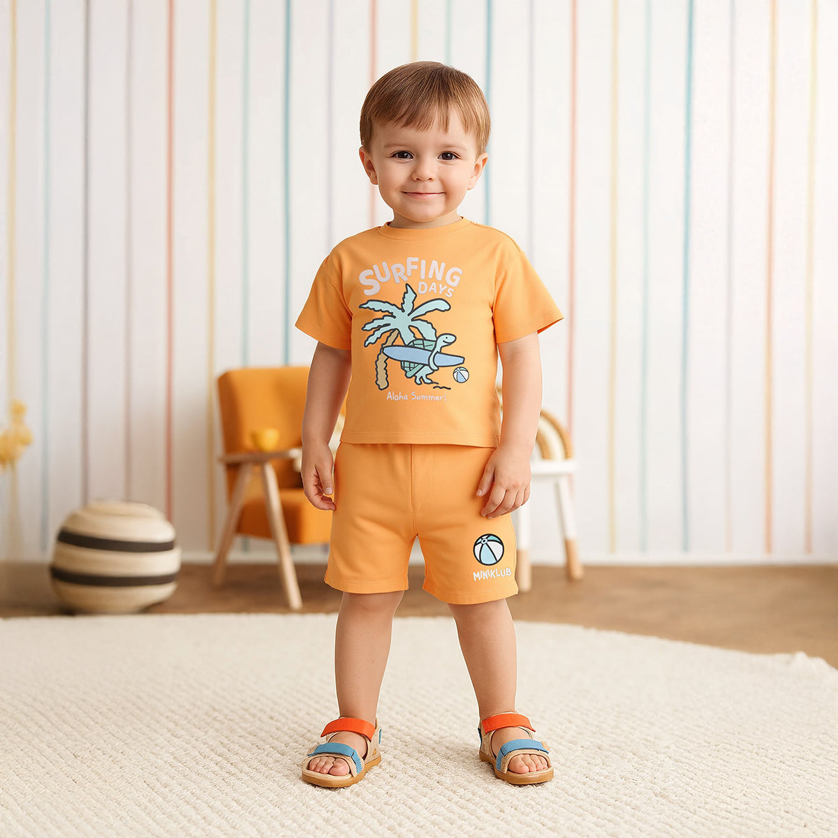 Baby Boys Surf Themed Graphic T-Shirt and Shorts Set, Orange