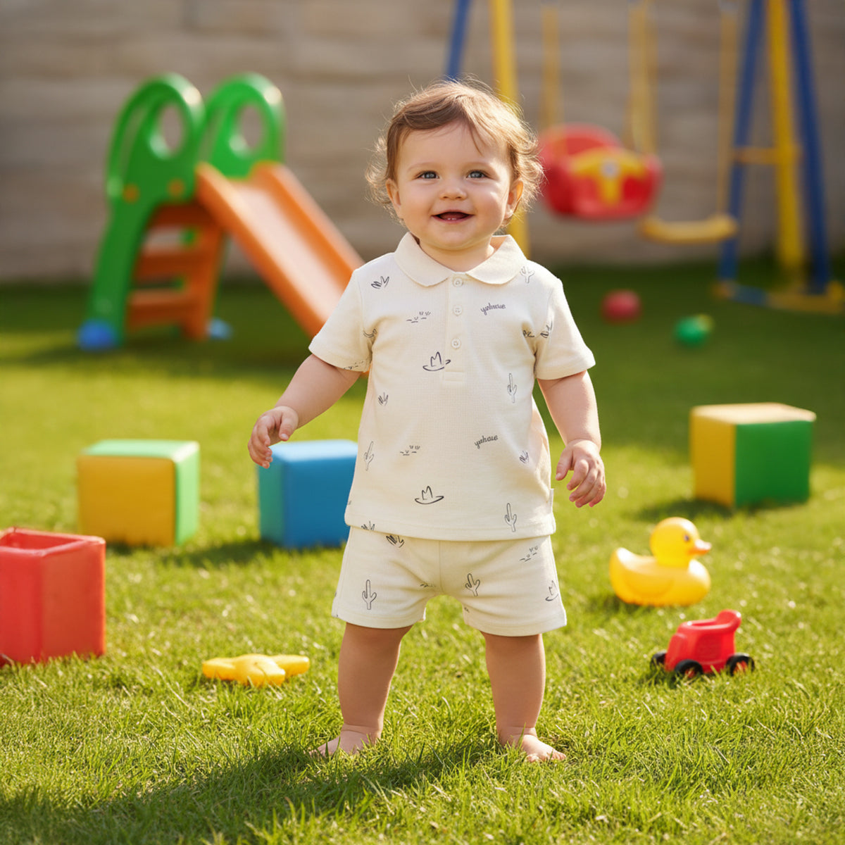 Baby Boys Printed Polo T-shirt and Shorts Set, Off White