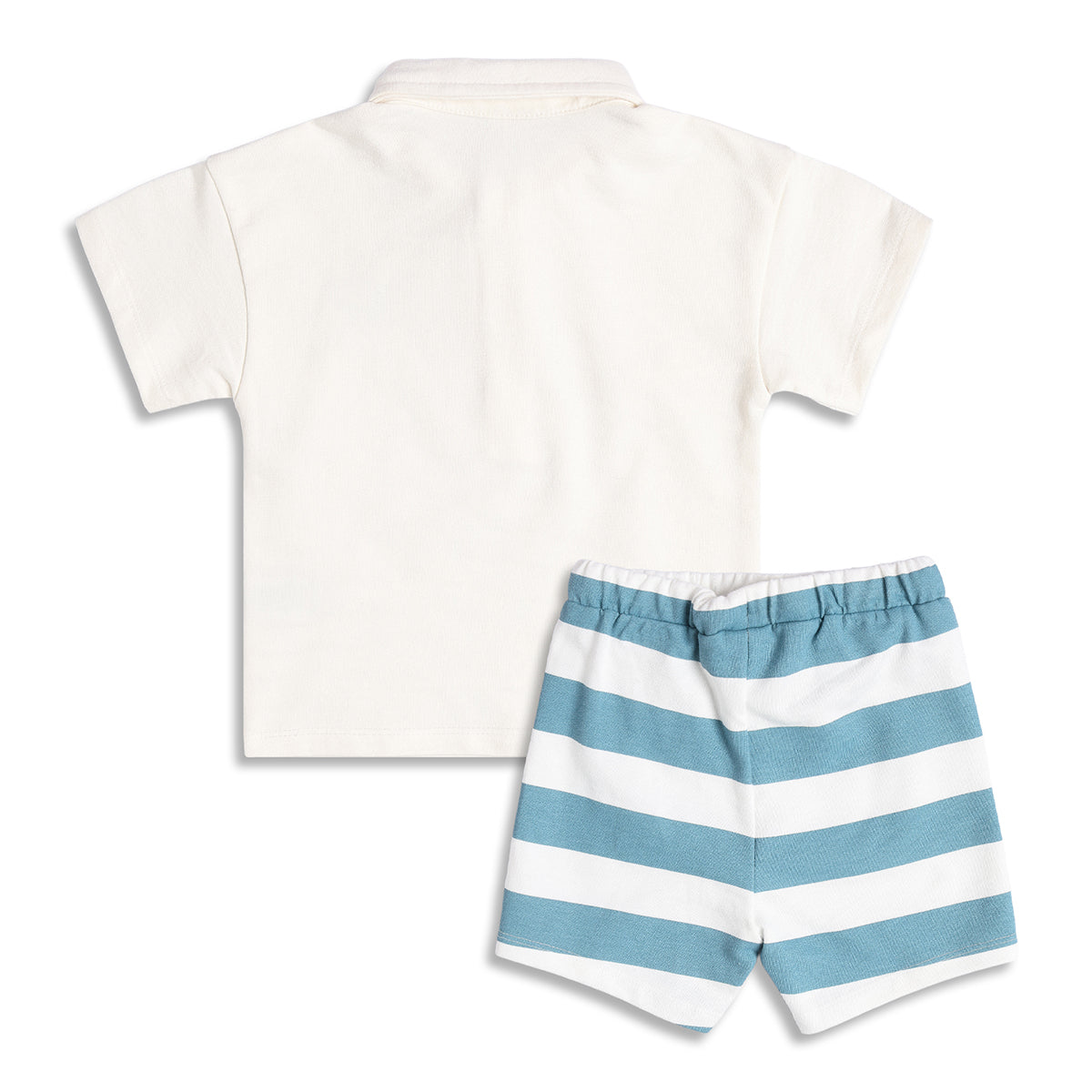 Boys Polo T-Shirt And Striped Shorts Set, Off White and Blue