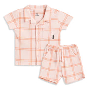 Baby Boys Peach Checked Top and Bottom Set Regular Fit Casual Co-ord Set