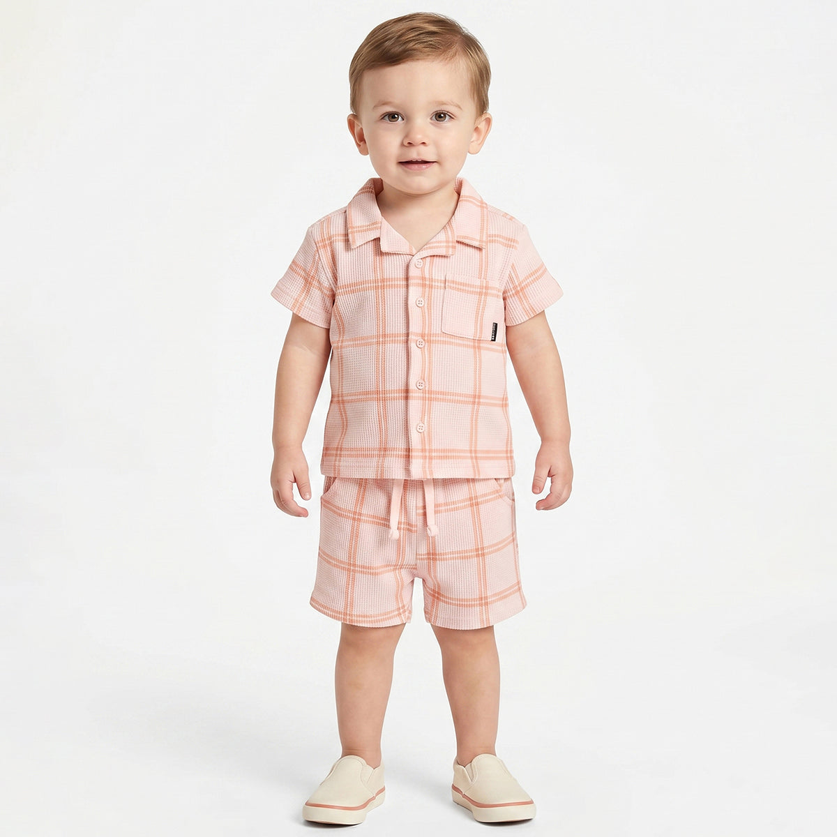 Baby Boys Peach Checked Top and Bottom Set Regular Fit Casual Co-ord Set