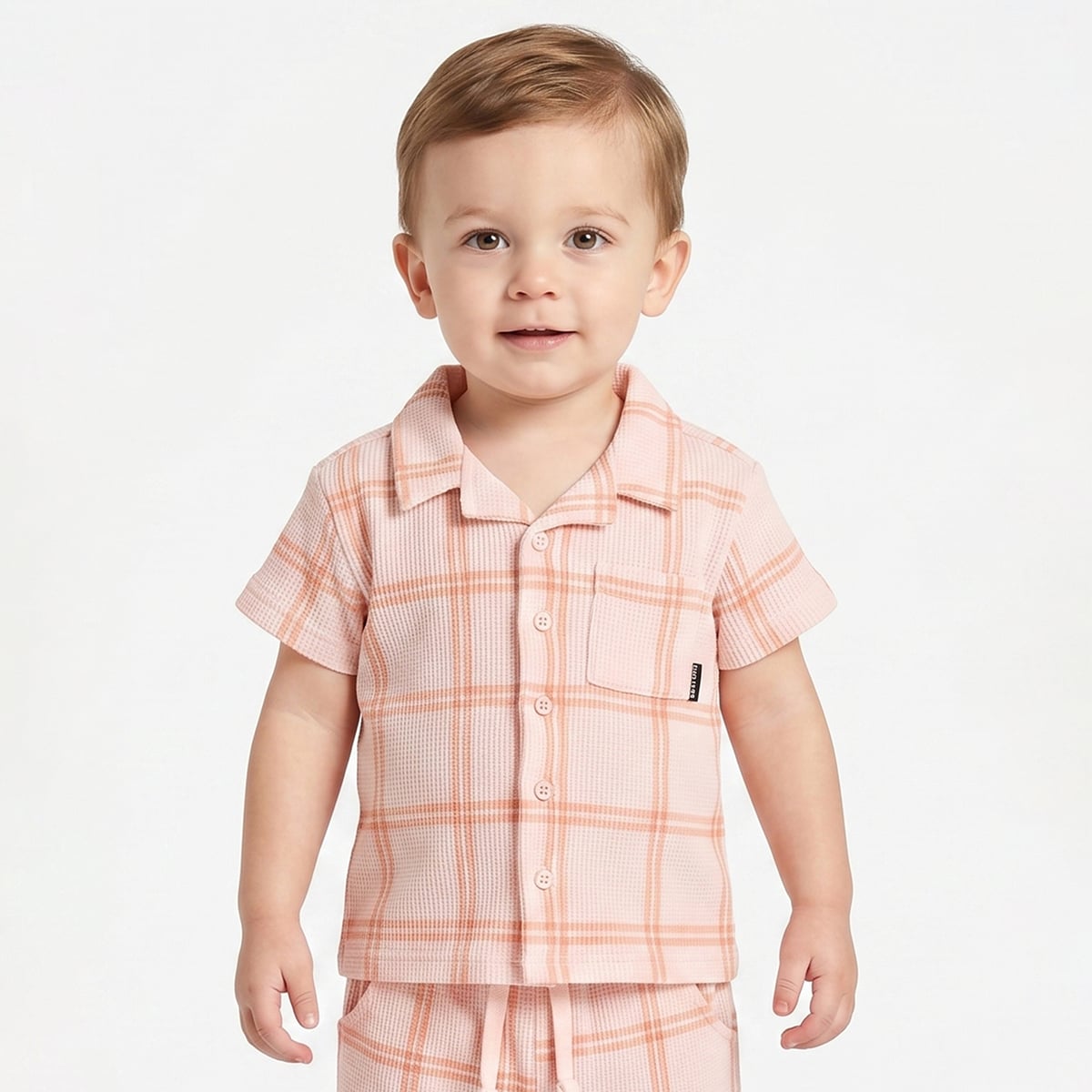 Baby Boys Peach Checked Top and Bottom Set Regular Fit Casual Co-ord Set