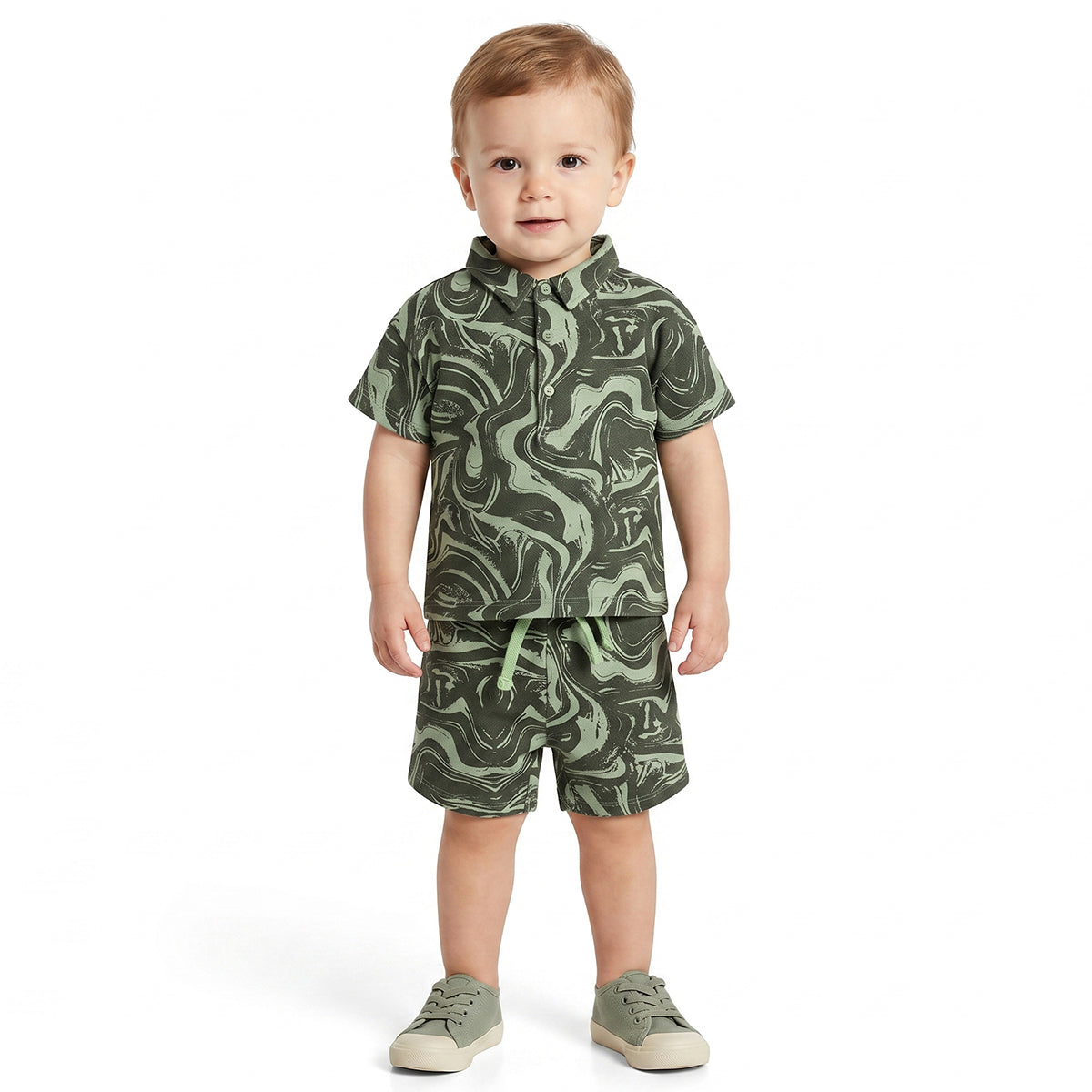 Baby Boys Green Cotton T-Shirt and Shorts Set Regular Fit Casual Kids Set