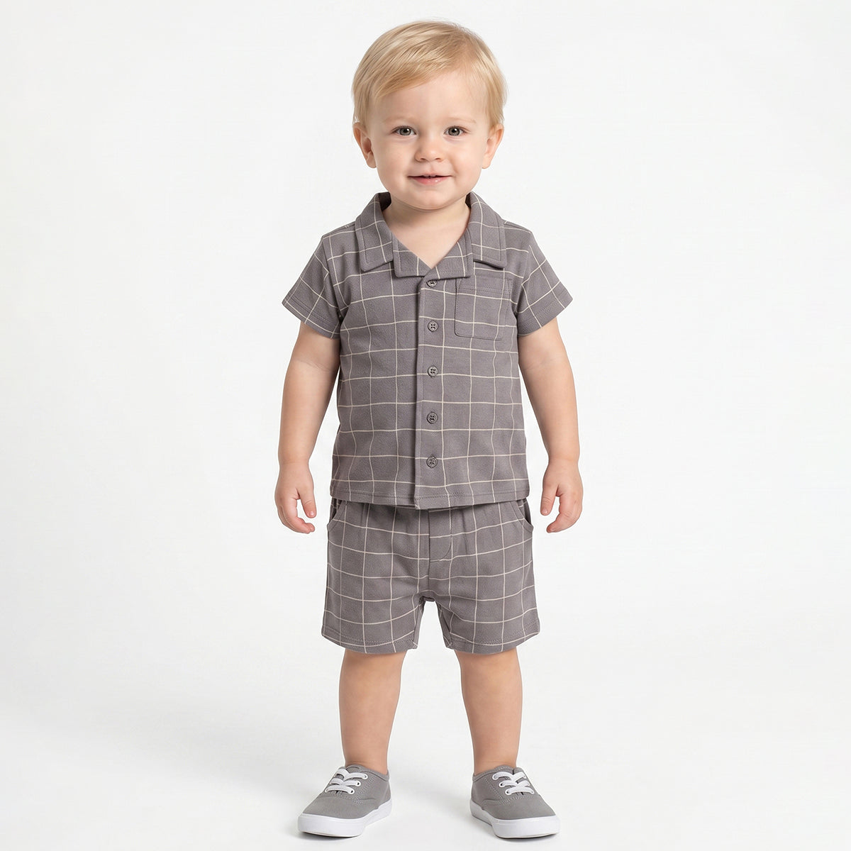 Baby Boys Grey Cotton Shirt and Shorts Set Regular Fit Casual Kids Set