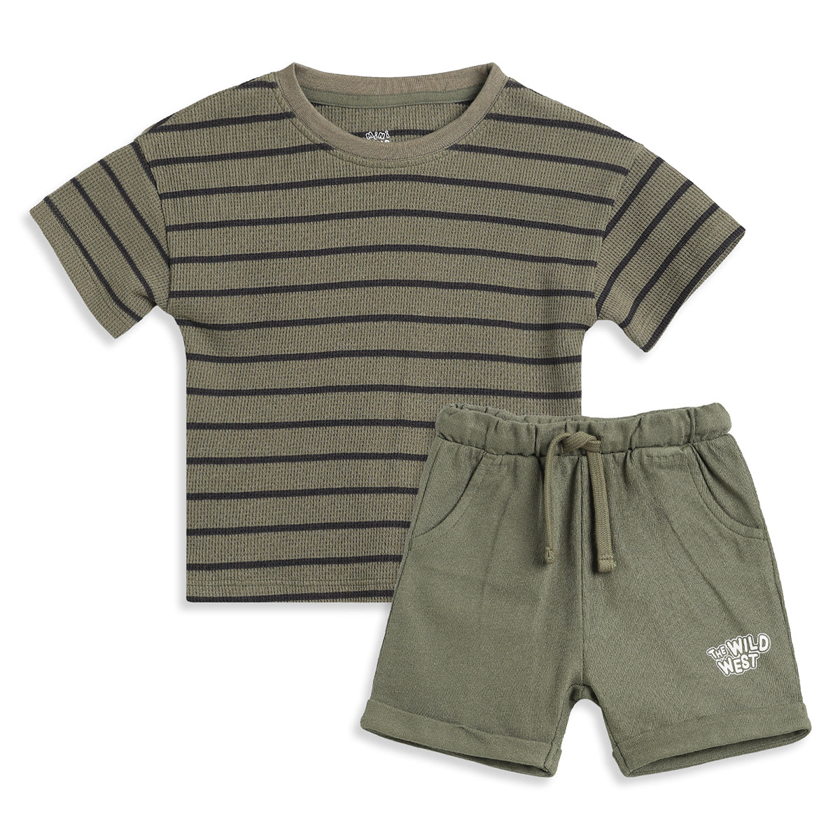 Baby Boys Olive Striped T-Shirt and Shorts Set Regular Fit Casual Co-ord Set
