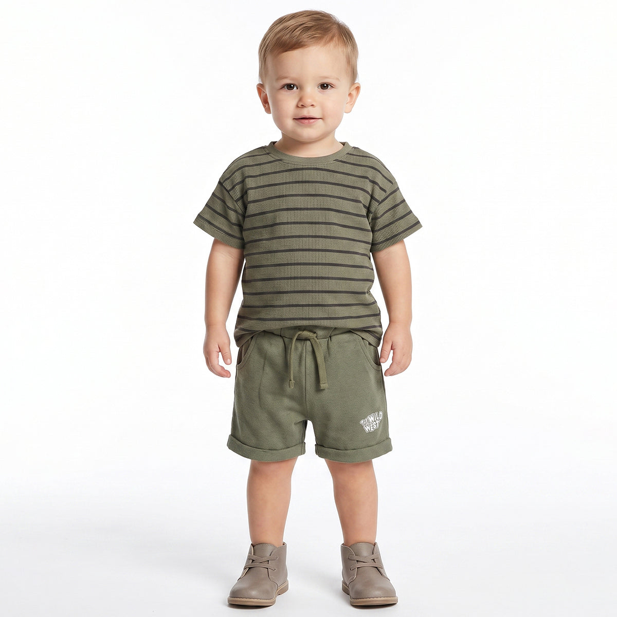 Baby Boys Olive Striped T-Shirt and Shorts Set Regular Fit Casual Co-ord Set
