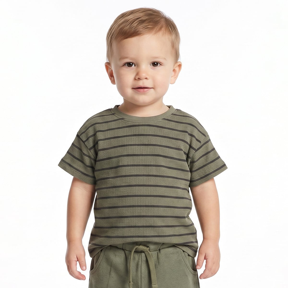 Baby Boys Olive Striped T-Shirt and Shorts Set Regular Fit Casual Co-ord Set