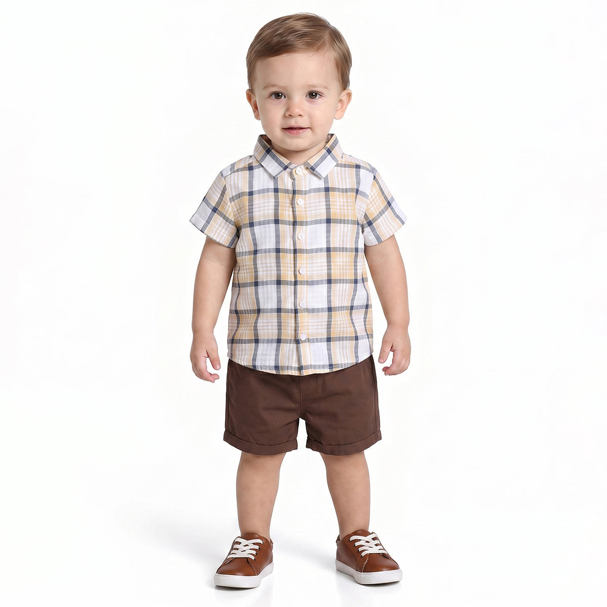 Baby Boys Yellow Checked Cotton Shirt and Shorts Set Regular Fit Casual Kids Co-ord Set
