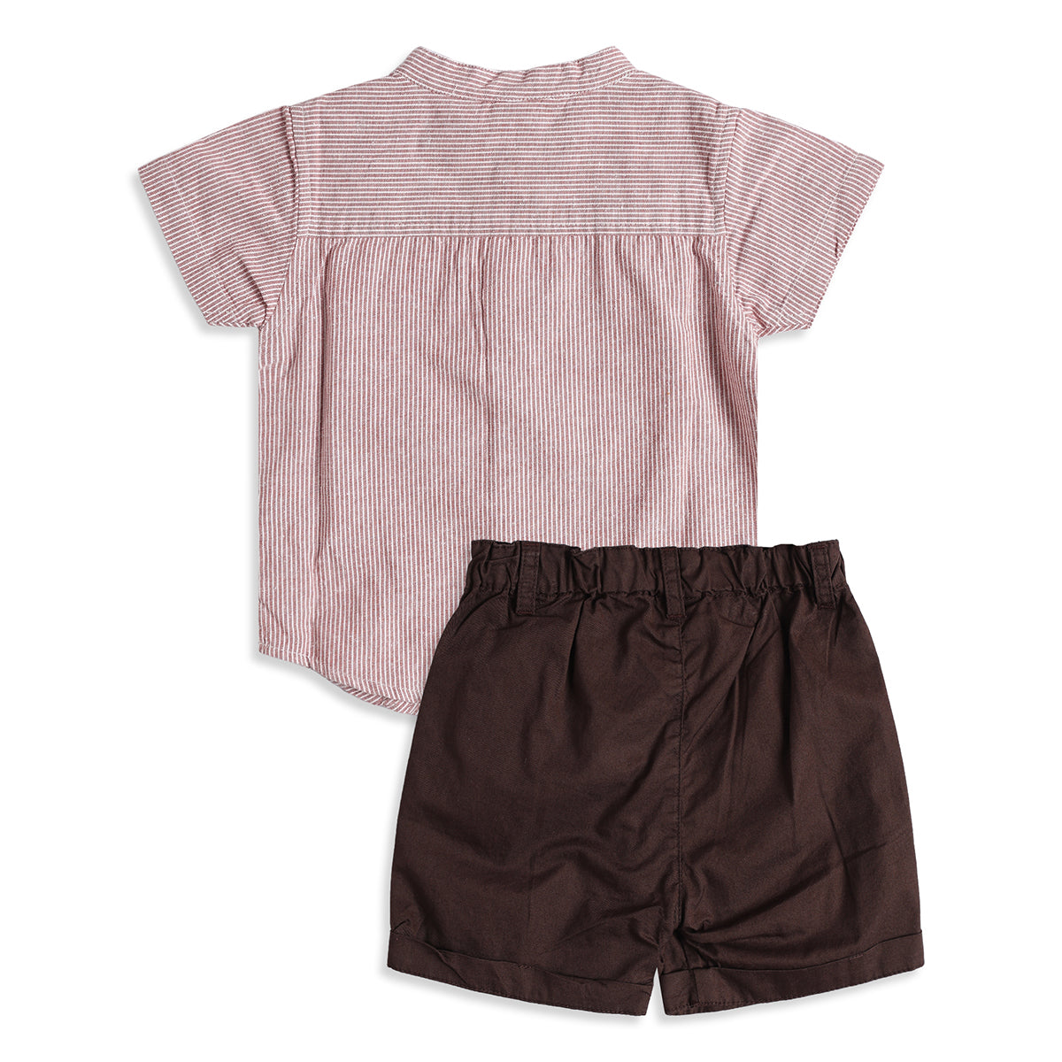 Baby Boys Pink Striped Mandarin Collar Shirt and Brown Shorts Regular Fit Casual Clothing Set