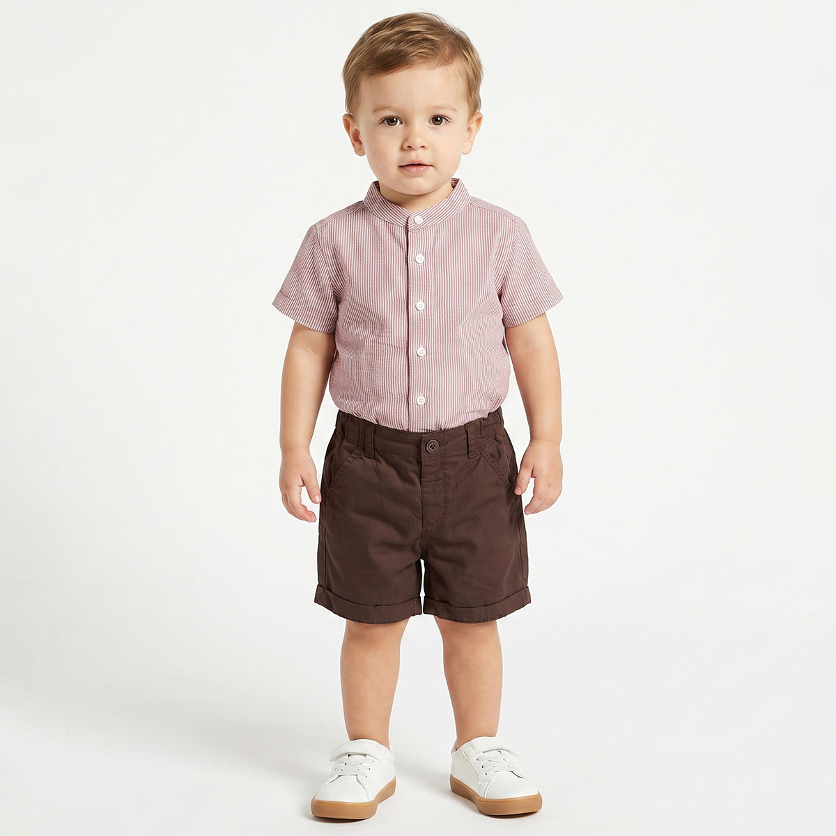 Baby Boys Pink Striped Mandarin Collar Shirt and Brown Shorts Regular Fit Casual Clothing Set