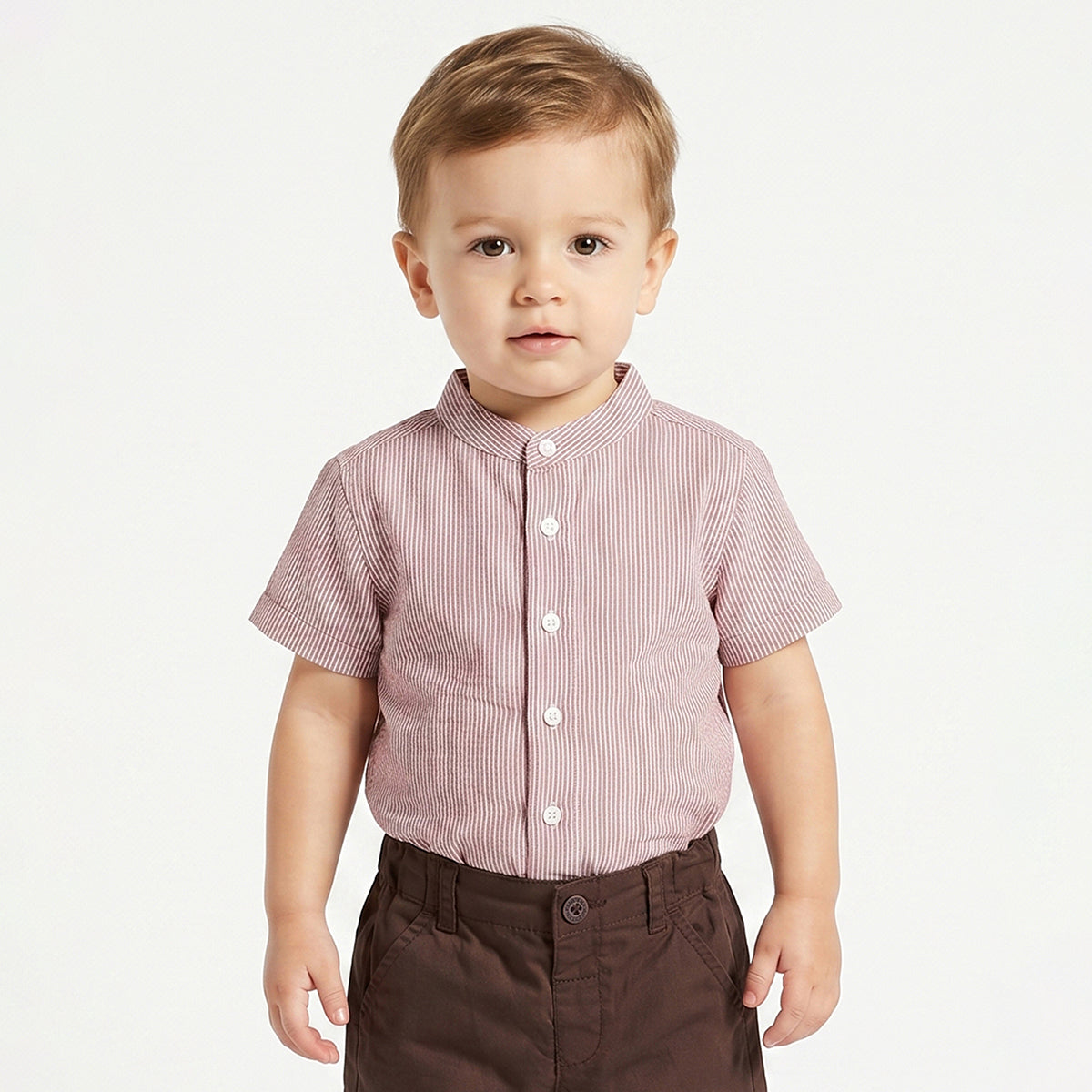 Baby Boys Pink Striped Mandarin Collar Shirt and Brown Shorts Regular Fit Casual Clothing Set
