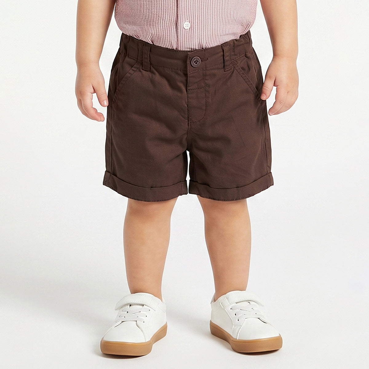 Baby Boys Pink Striped Mandarin Collar Shirt and Brown Shorts Regular Fit Casual Clothing Set
