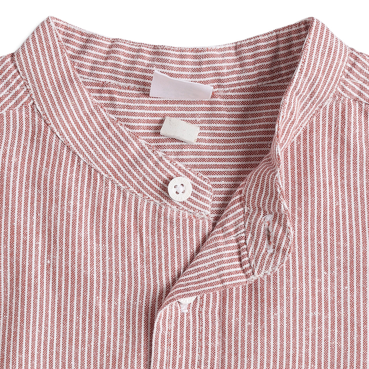 Baby Boys Pink Striped Mandarin Collar Shirt and Brown Shorts Regular Fit Casual Clothing Set