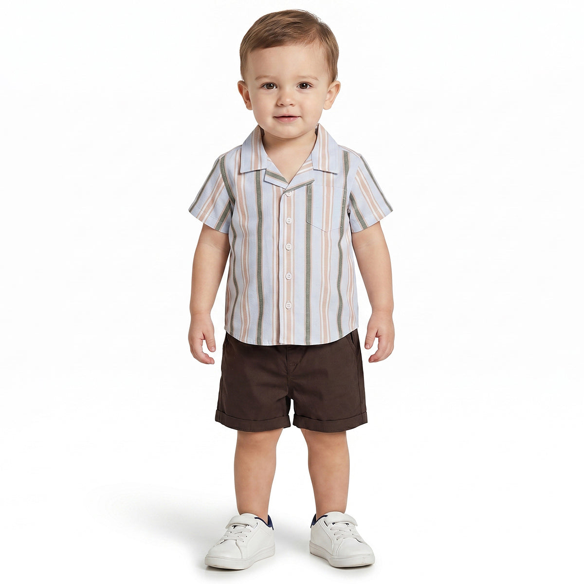 Baby Boys Blue Striped Cotton Shirt and Shorts Set Regular Fit Casual Kids Top and Bottom Set