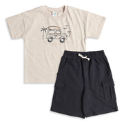 Baby Boys Beige Graphic T-Shirt with Navy Blue Cargo Shorts Casual Co-ord Set