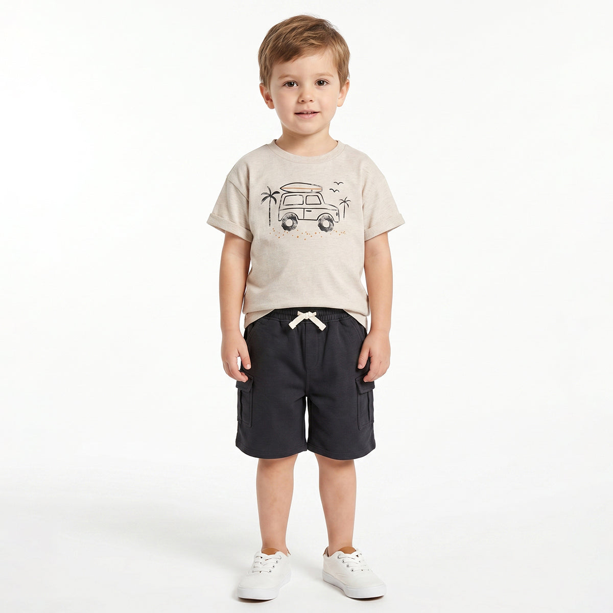 Baby Boys Beige Graphic T-Shirt with Navy Blue Cargo Shorts Casual Co-ord Set