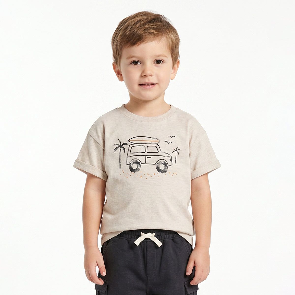 Baby Boys Beige Graphic T-Shirt with Navy Blue Cargo Shorts Casual Co-ord Set
