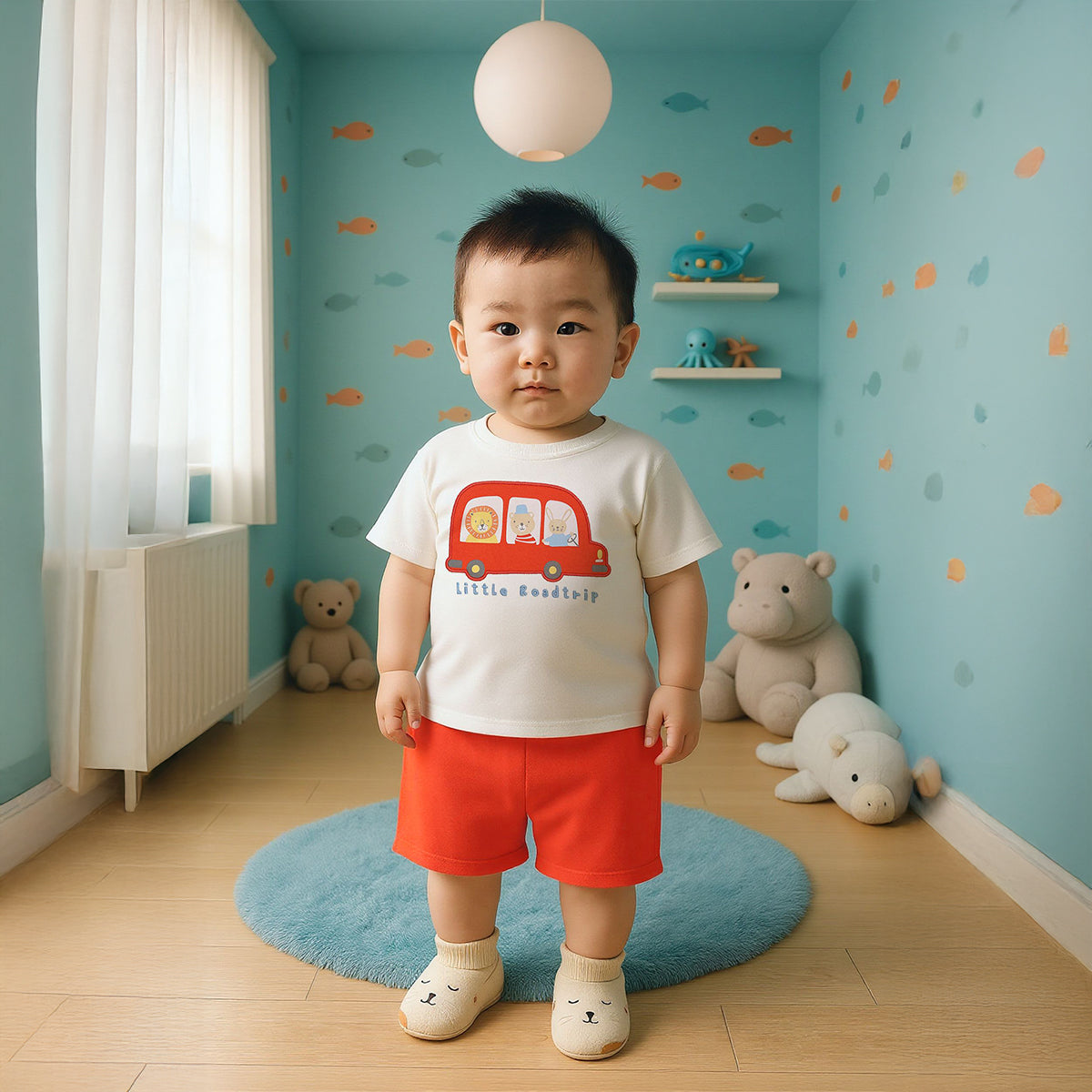 Baby Boys Little Roadtrip Print T-Shirt and Shorts Set, Red and White