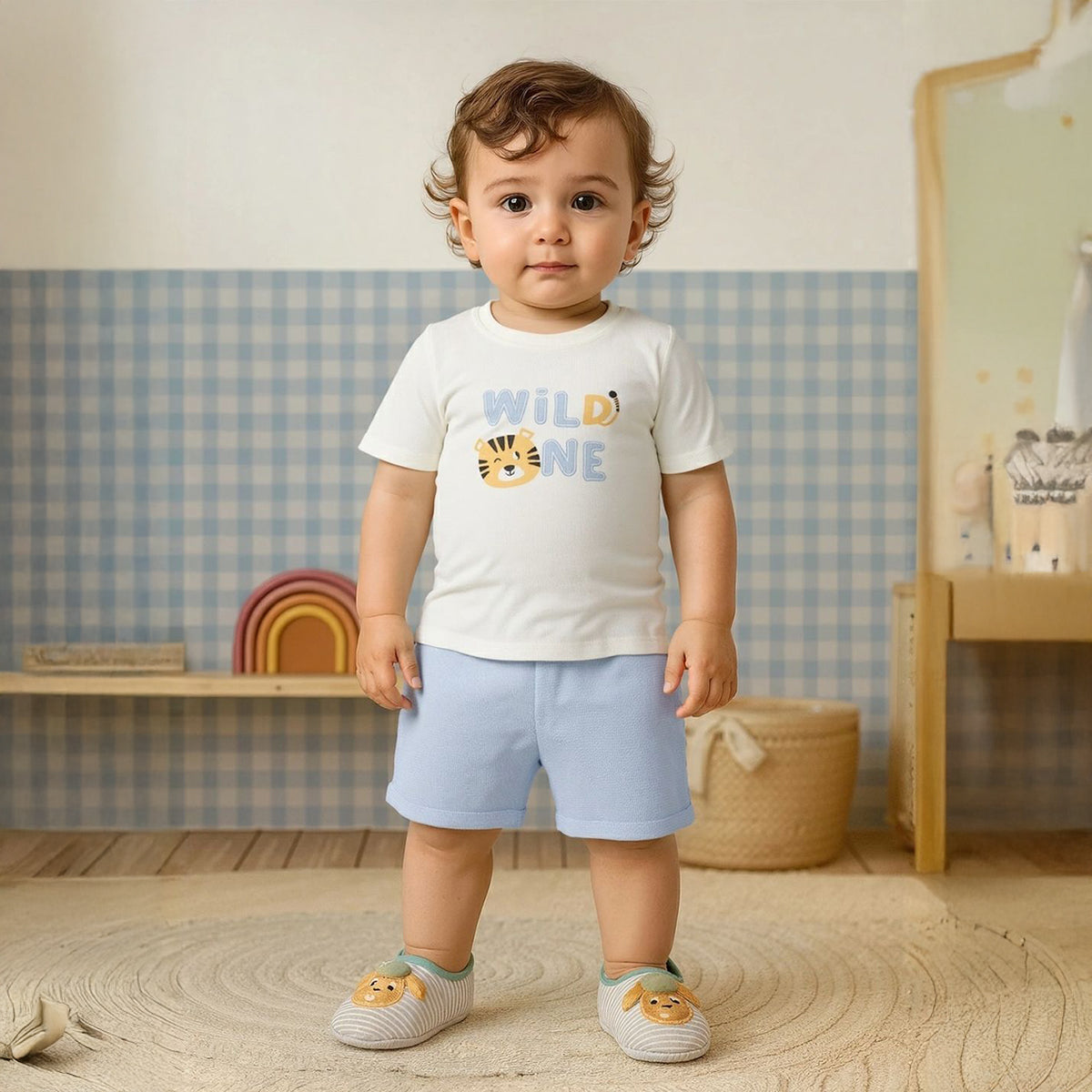 Baby Boys Tiger Print T-shirt and Shorts Set, White and Blue