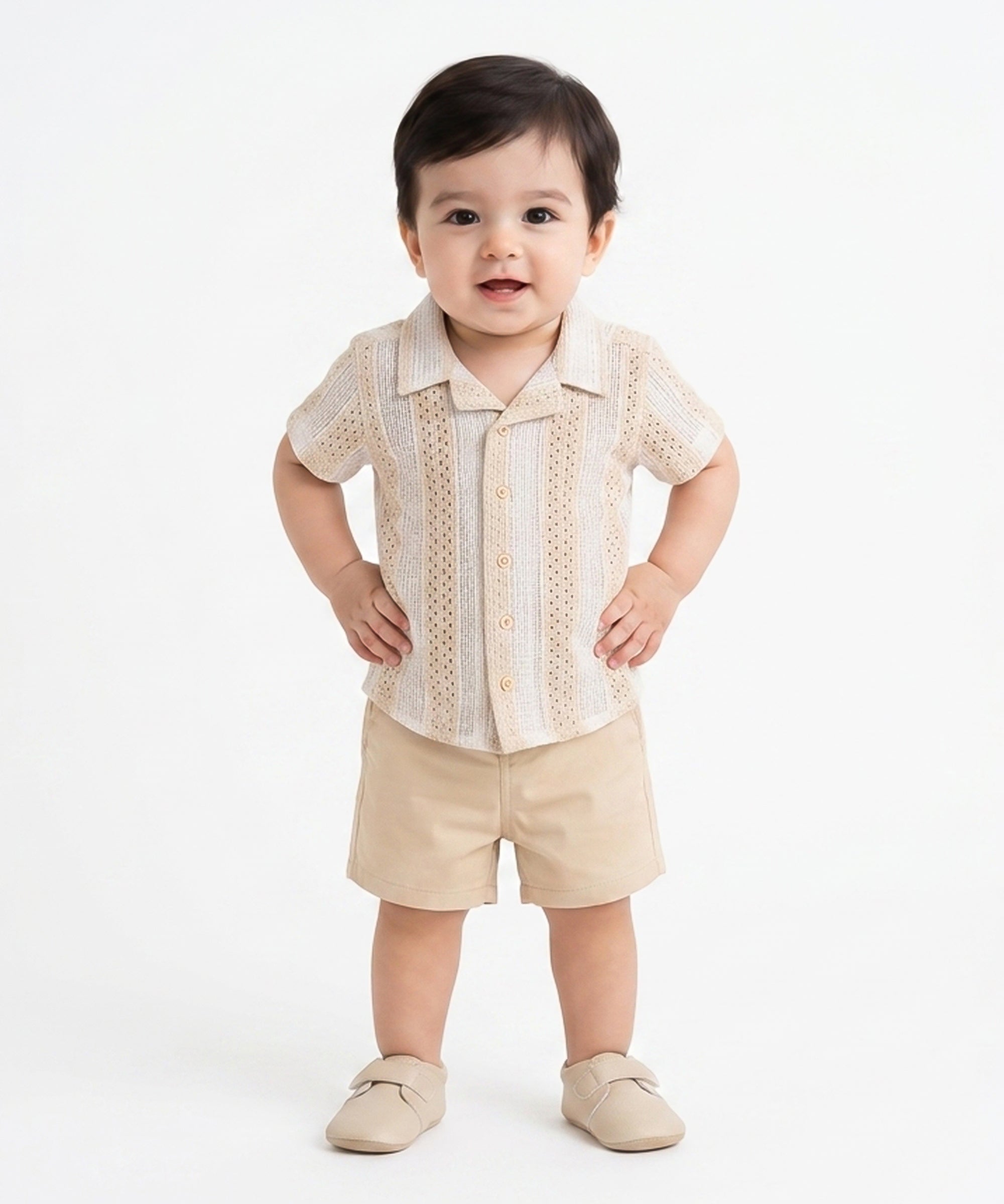 Baby Boys Textured Shirt and Solid Shorts Set, Beige and Cream