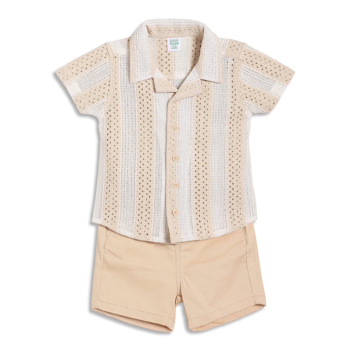 Baby Boys Textured Shirt and Solid Shorts Set, Beige and Cream