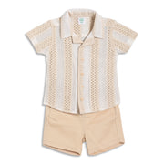 Baby Boys Textured Shirt and Solid Shorts Set, Beige and Cream