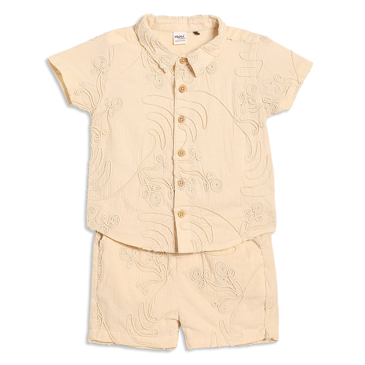 Baby Boys Embroidered Swirl Shirt and Shorts Set Pack of 1, Soft Beige