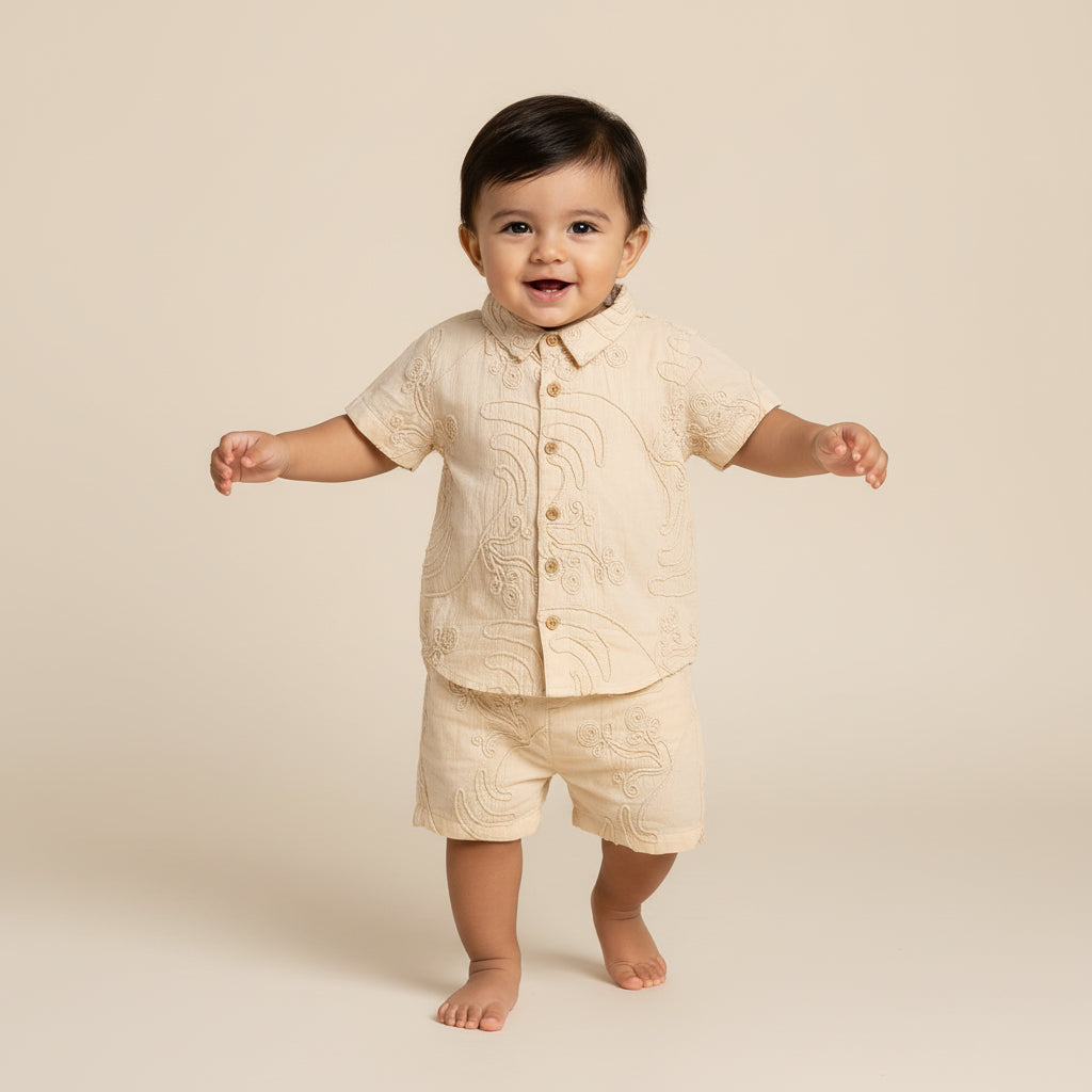 Baby Boys Embroidered Swirl Shirt and Shorts Set Pack of 1, Soft Beige