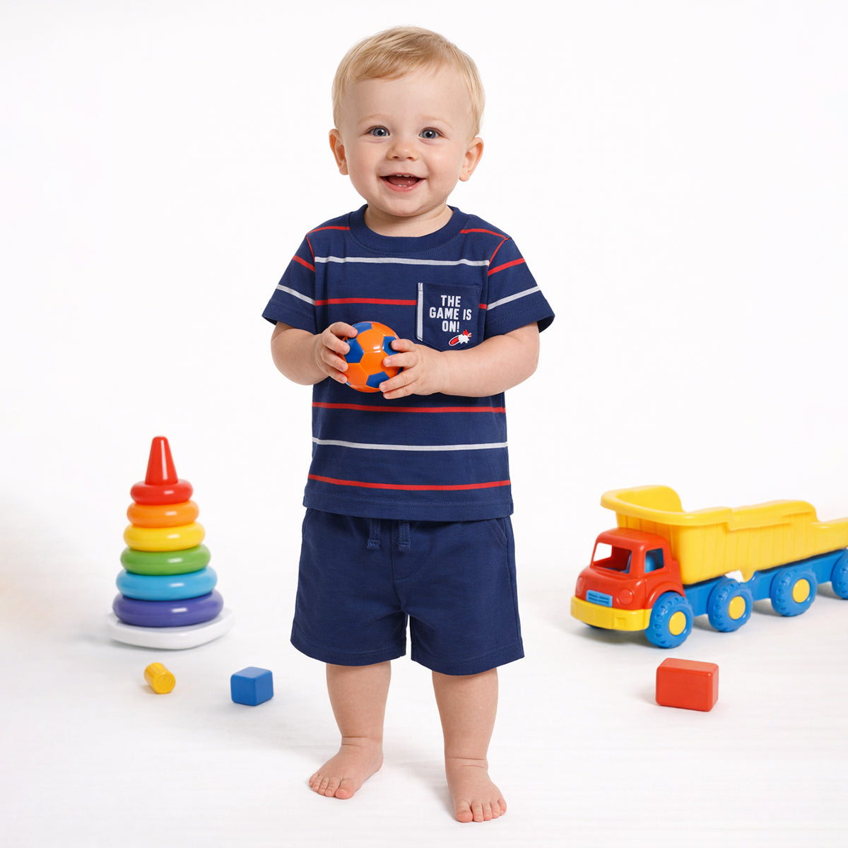 Baby Boys Striped T-Shirt and Shorts Set, Pack of 1, Navy Blue with Red and White