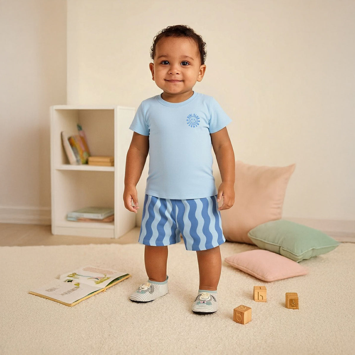 Baby Boys Smiley Print Top and Wavy Shorts Set, Light Blue