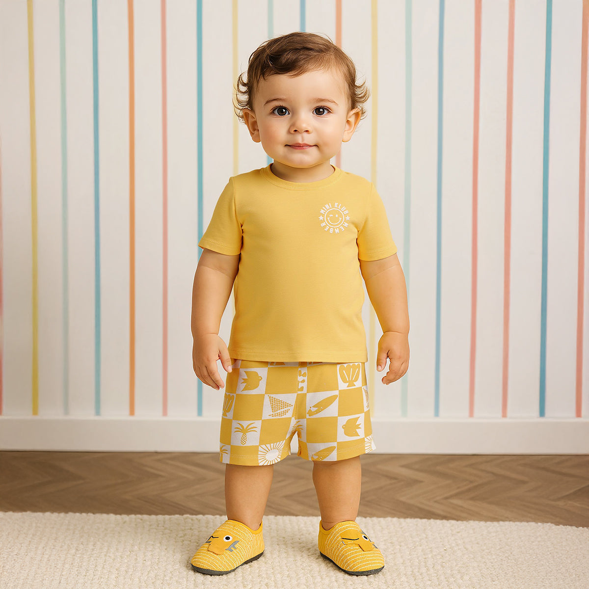 Baby Boys Smiley Print Top and Tropical Check Shorts Set, Yellow