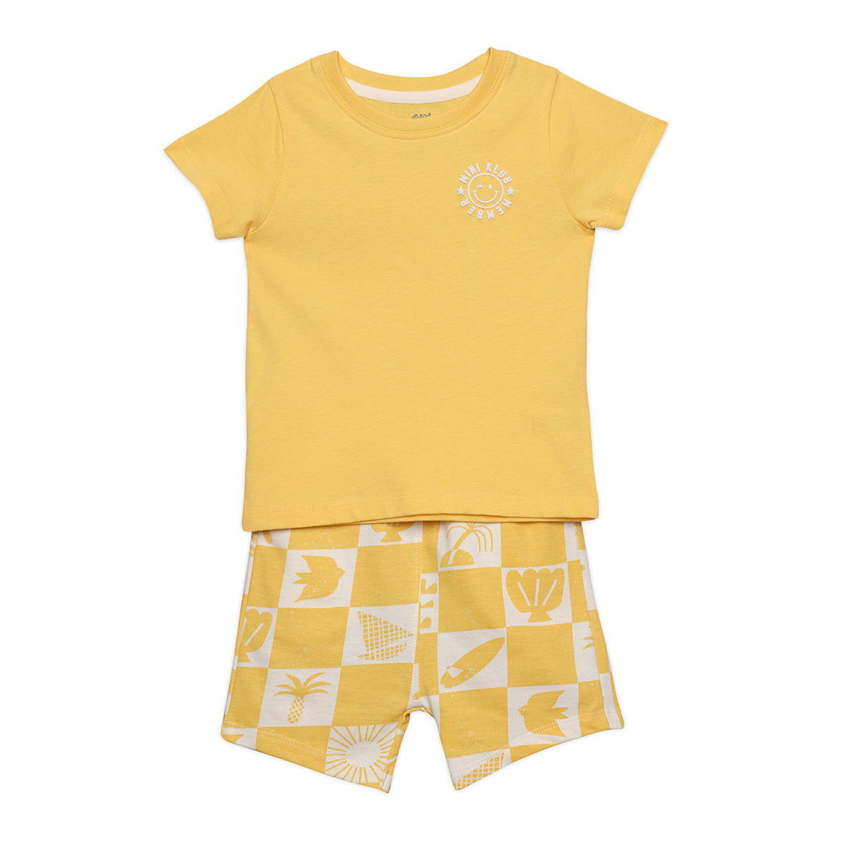 Baby Boys Smiley Print Top and Tropical Check Shorts Set, Yellow