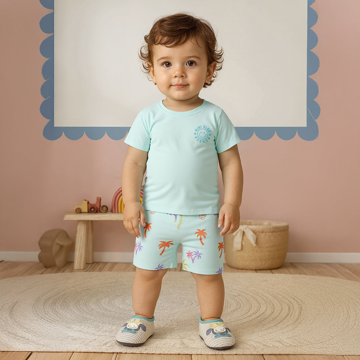 Baby Boys Smiley Print Top and Tropical Palm Shorts Set, Mint Green