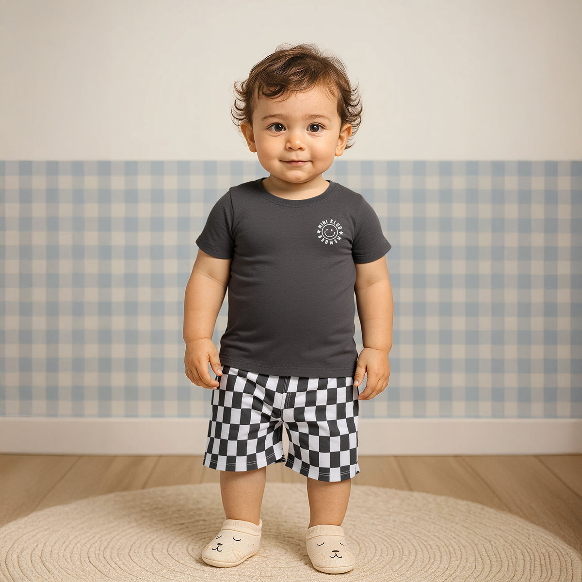 Baby Boys Smiley Logo Top and Checkerboard Shorts Set, Charcoal Black
