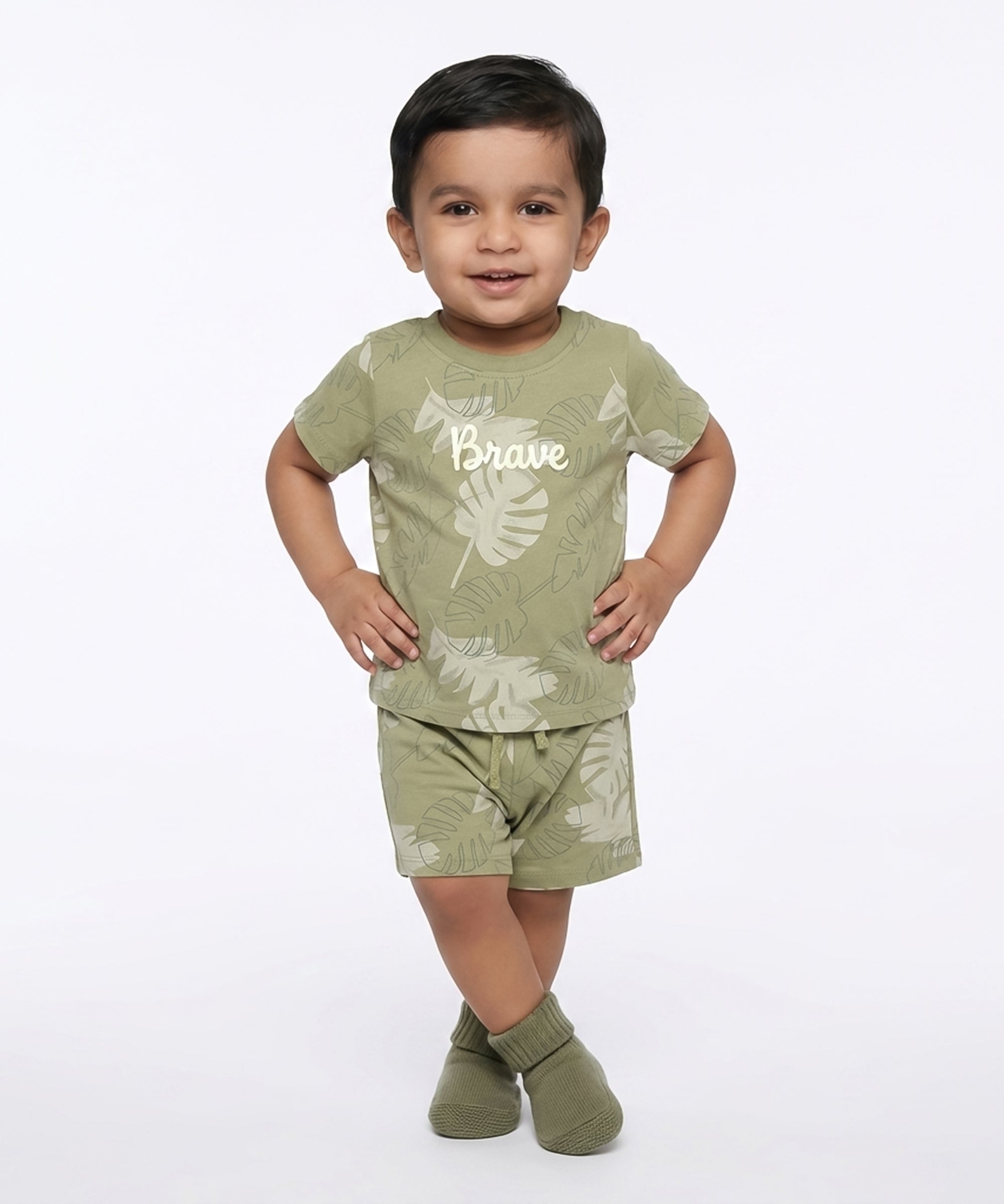 Baby Boys Leaf Print T-Shirt and Shorts Set, Pack of 1, Sage Green