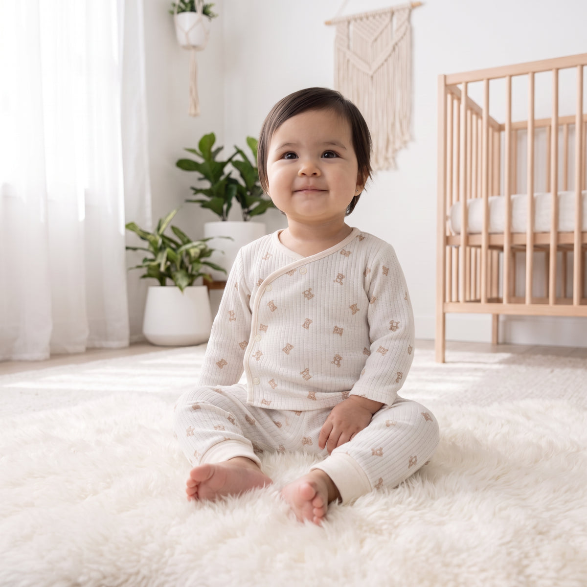 Baby Unisex Teddy Bear Printed T-Shirt And Pants Set, Cream