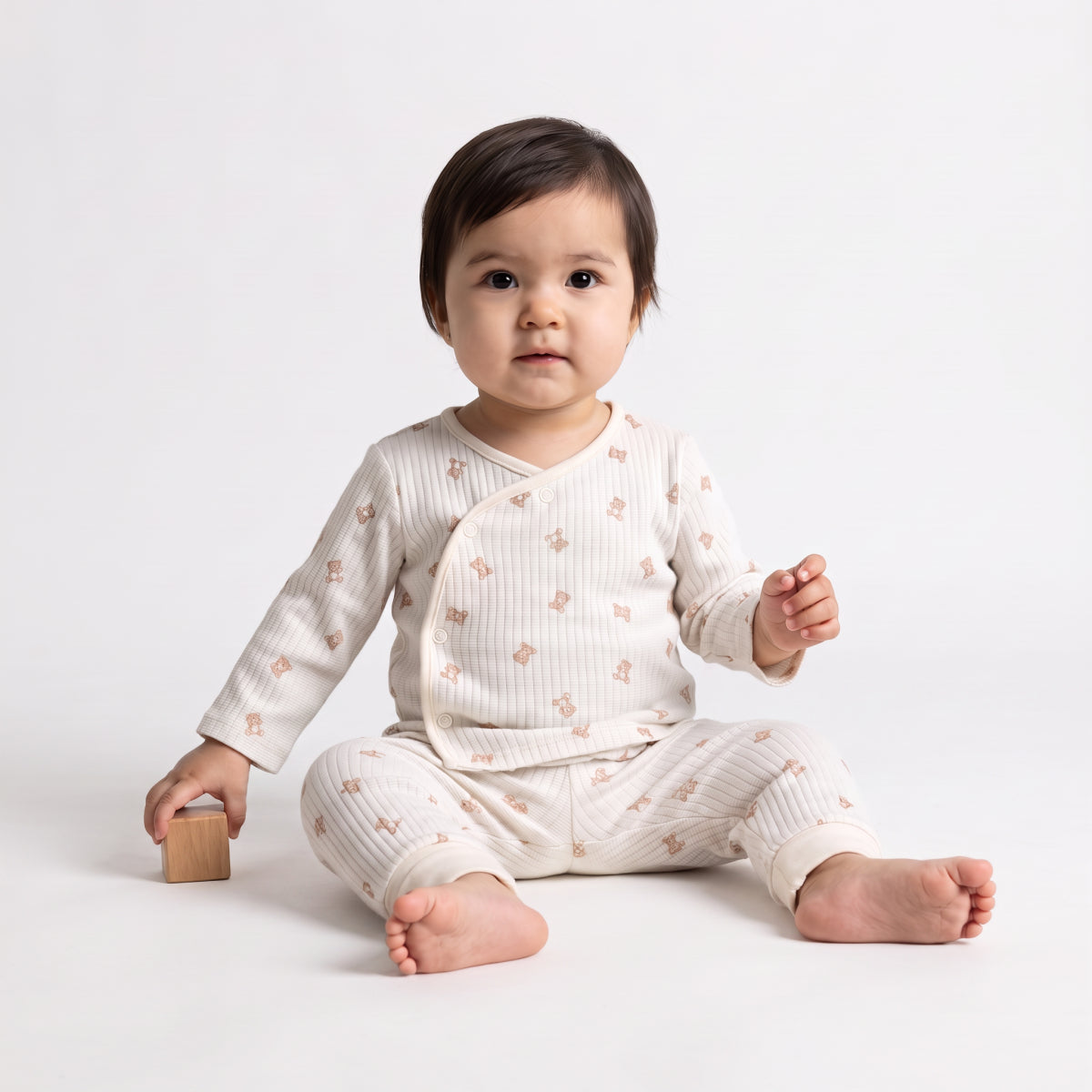 Baby Unisex Teddy Bear Printed T-Shirt And Pants Set, Cream