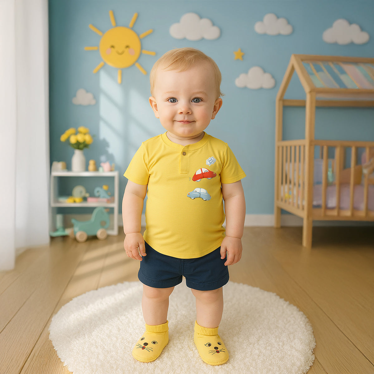 Baby Boys Car Applique T-Shirt, Yellow