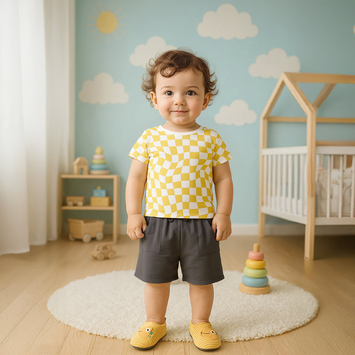 Baby Boys Printed T-Shirts with Lion, Vehicle & Check Patterns Pack of 3, Grey, White and Yellow