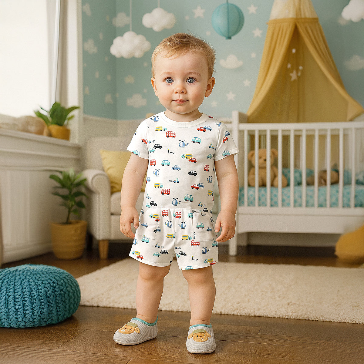 Baby Boys Vehicle Print and Solid Shorts Pack of 3, Grey, Blue and White