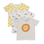 Baby Boys Printed T-Shirts with Lion, Vehicle & Check Patterns Pack of 3, Grey, White and Yellow