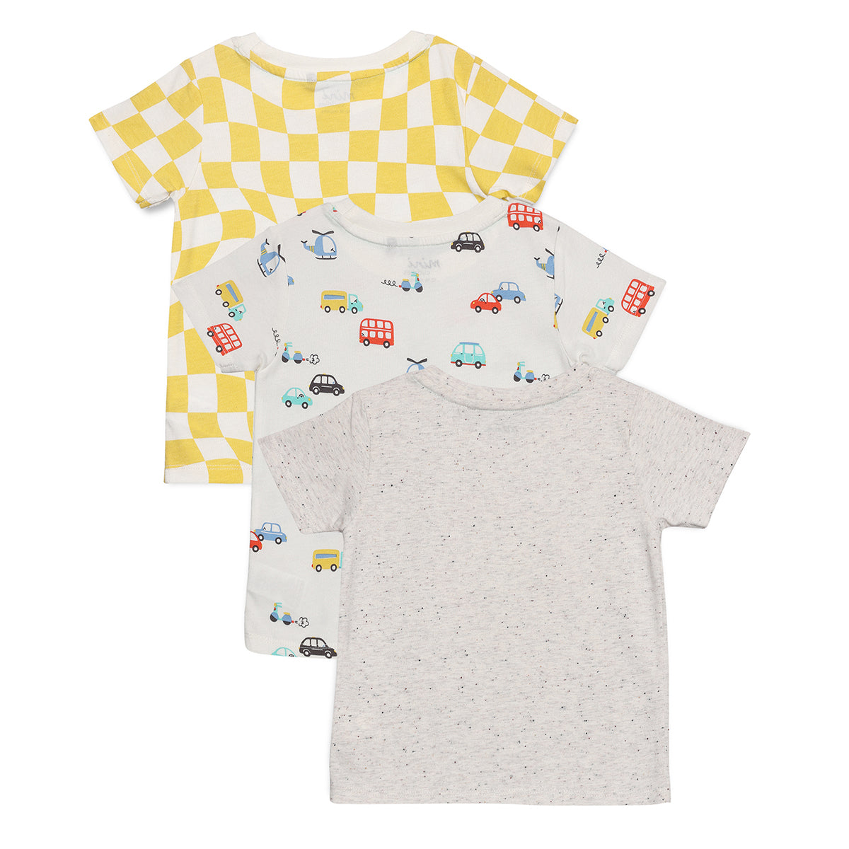 Baby Boys Printed T-Shirts with Lion, Vehicle & Check Patterns Pack of 3, Grey, White and Yellow
