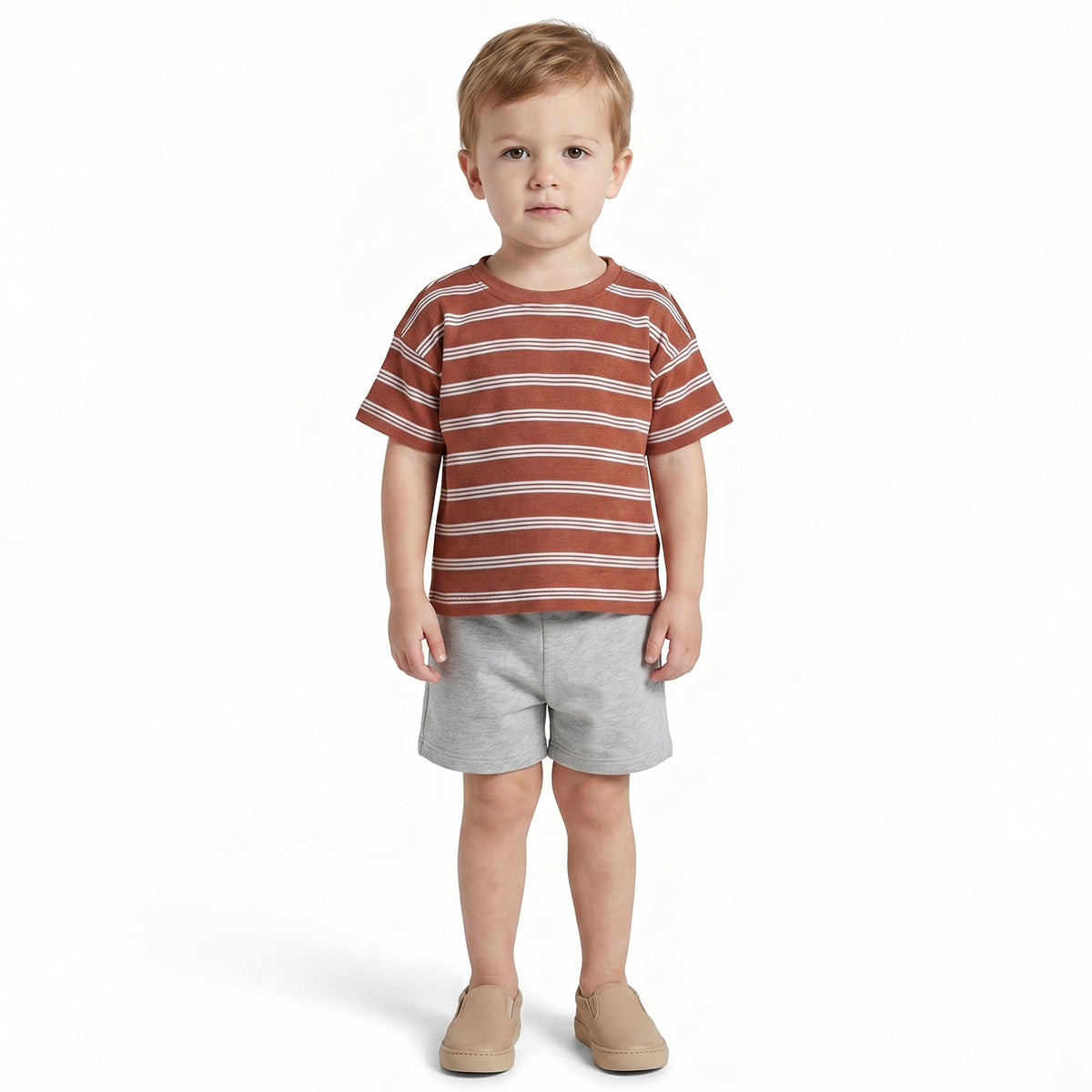 Baby Boys Brown Striped Cotton T-Shirt Regular Fit Casual Kids T-Shirt