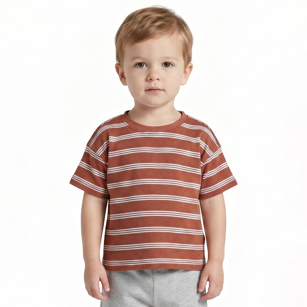 Baby Boys Brown Striped Cotton T-Shirt Regular Fit Casual Kids T-Shirt