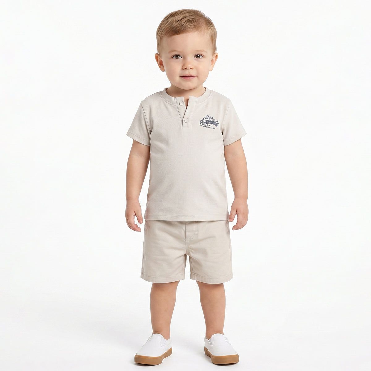 Baby Boys Beige Cotton Printed T-Shirt Regular Fit Casual Kids T-Shirt
