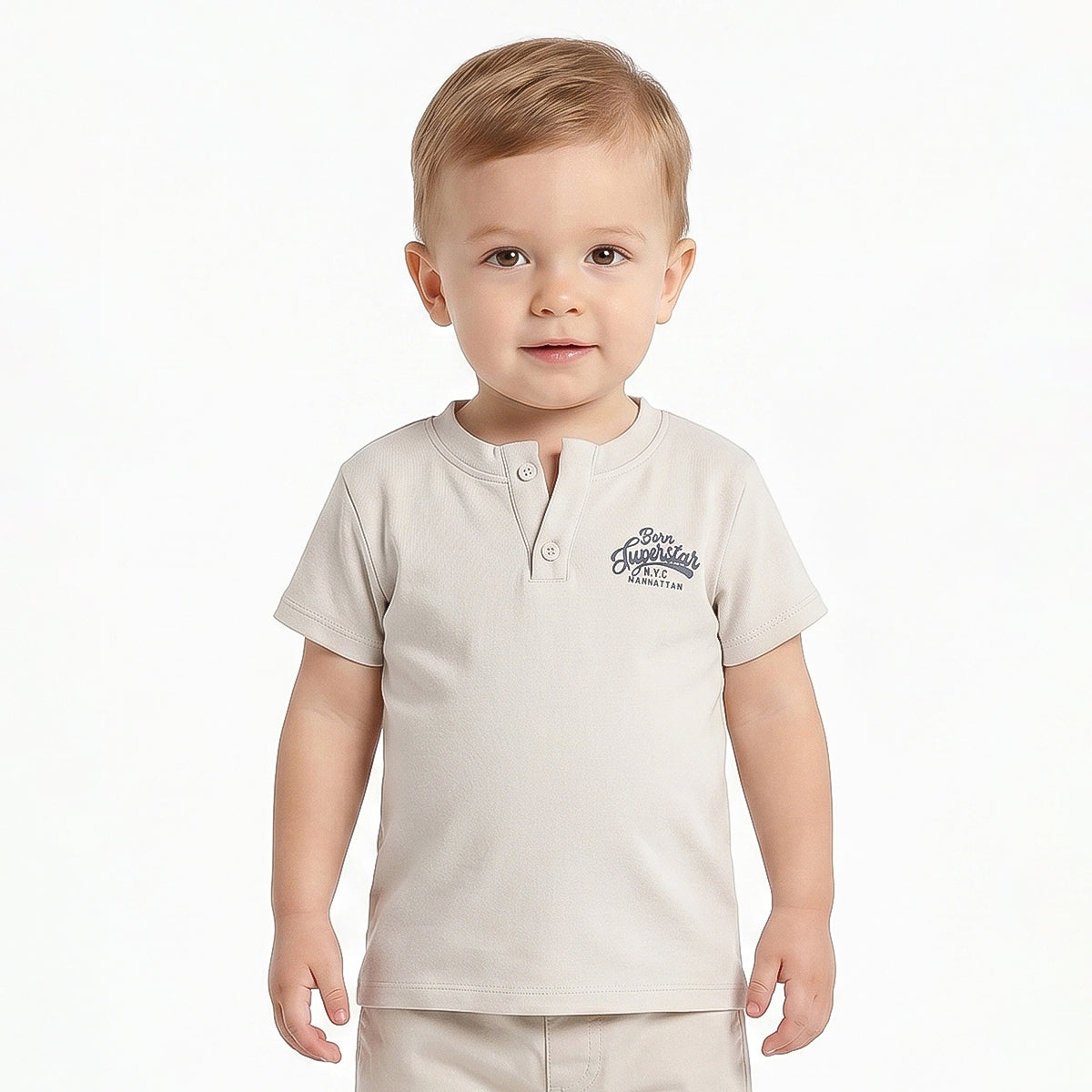 Baby Boys Beige Cotton Printed T-Shirt Regular Fit Casual Kids T-Shirt