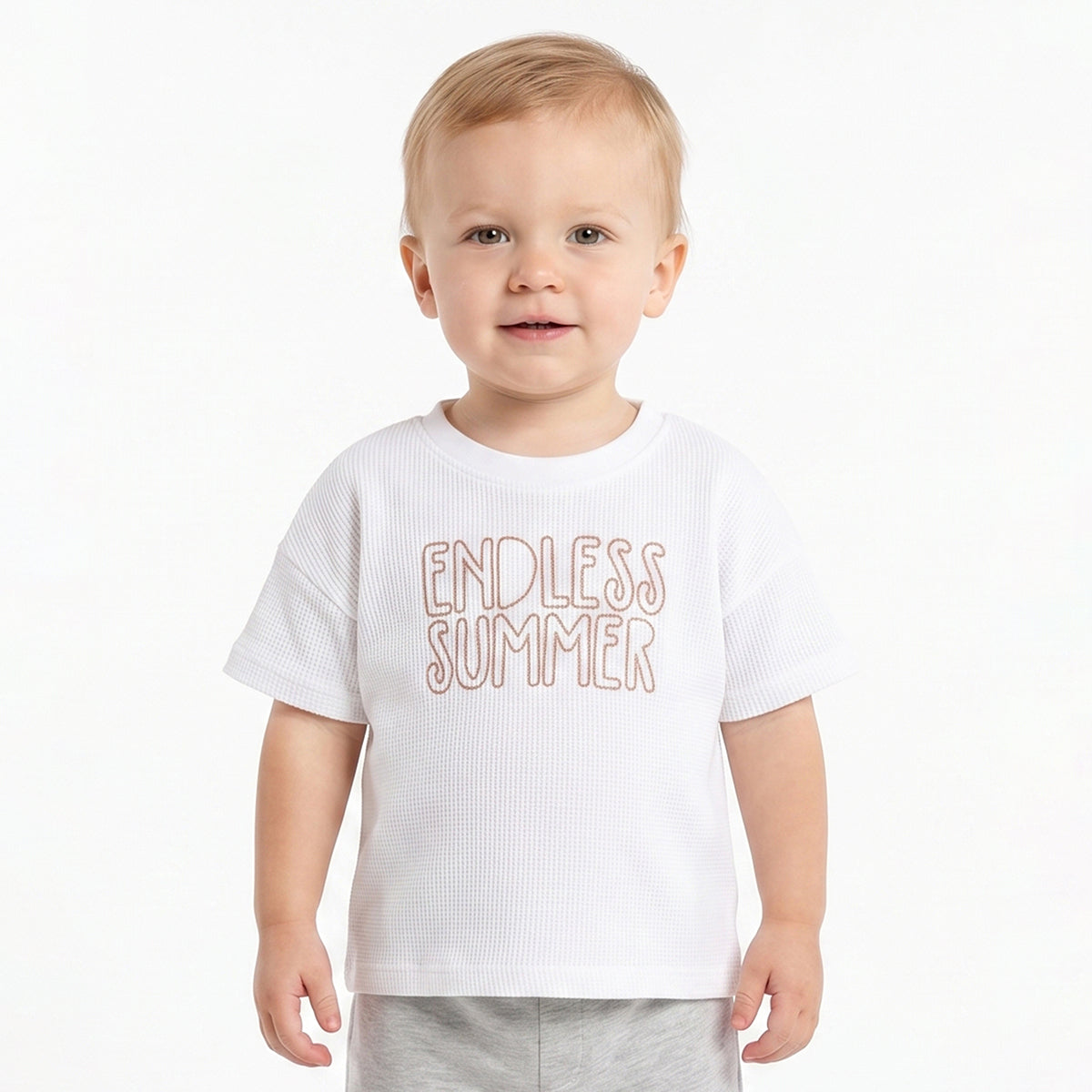 Baby Boys White Textured Cotton T-Shirt Regular Fit Casual Summer T-Shirt