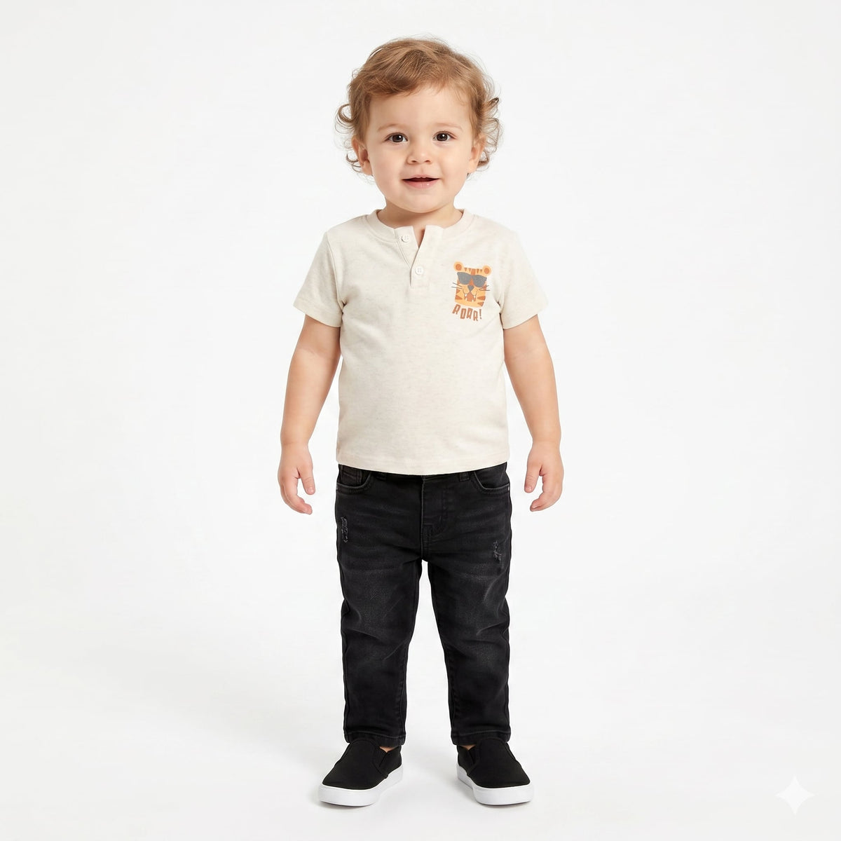 Boys Tiger Graphic Print Henley T-Shirt, Beige