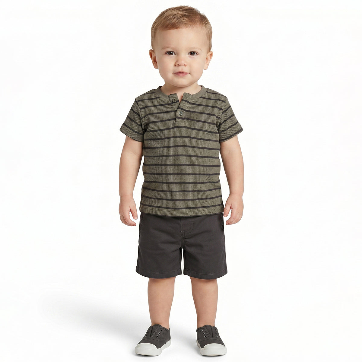 Baby Boys Olive Green Cotton Striped T-Shirt Regular Fit Casual Kids T-Shirt
