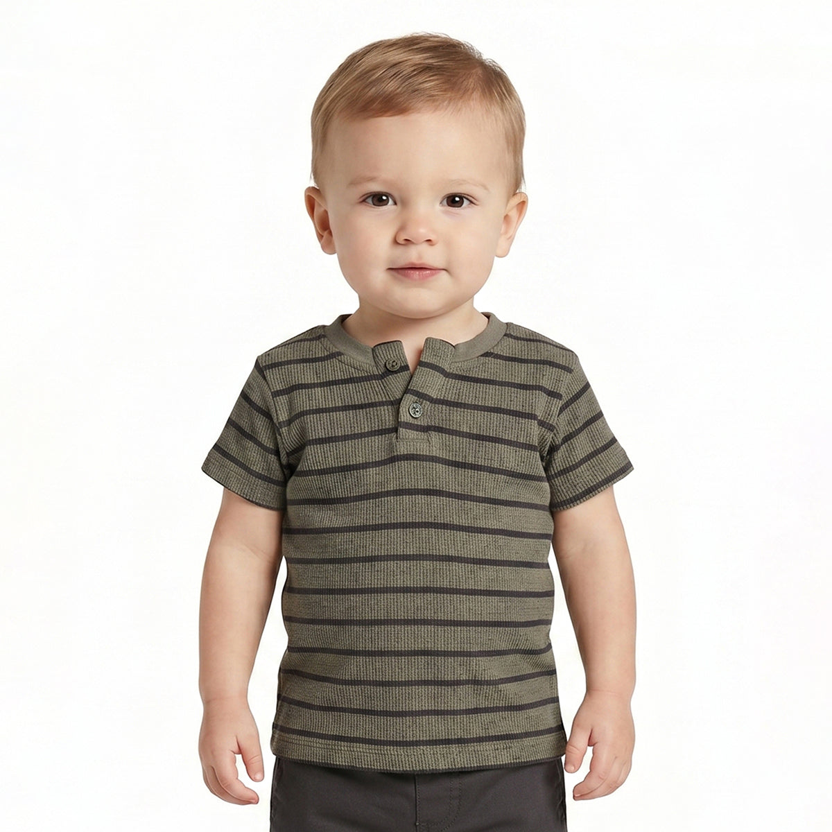 Baby Boys Olive Green Cotton Striped T-Shirt Regular Fit Casual Kids T-Shirt